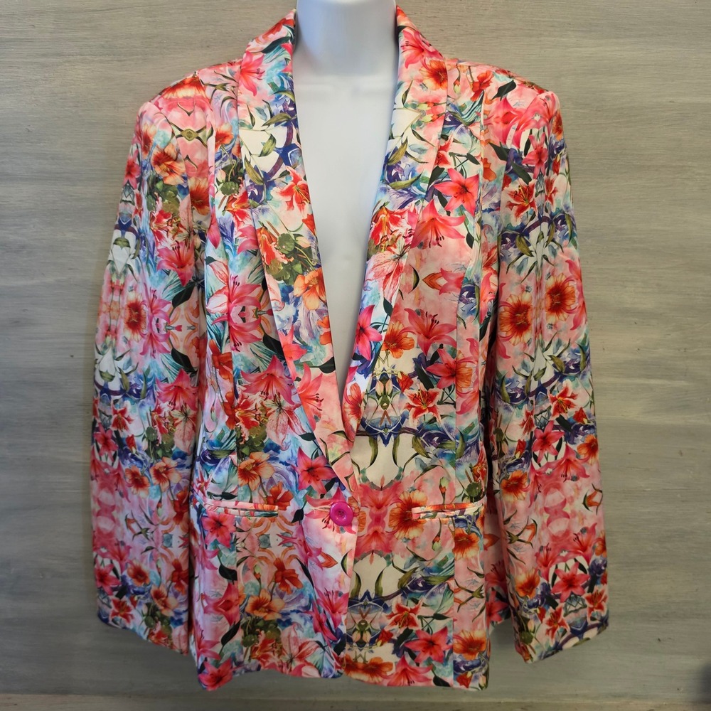 Ja Ja Multicolor Floral Print Satiny‎ One Button Blazer Size 3XL Good Condition